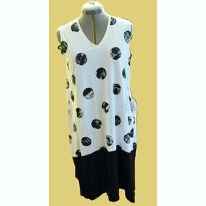 White Cotton Knit Huge Black Polka Dot Mod Loose Cut Tank Dress with pockets M-L